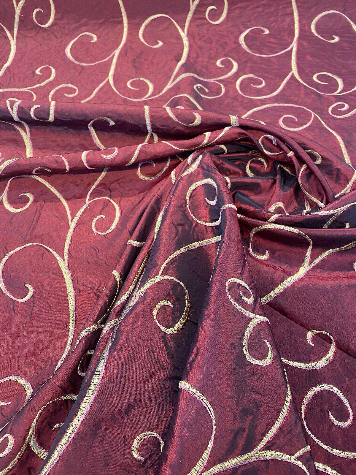 Merlot Red Swirls Embroidered Slub Faux Silk Fabric - Merlot Red Swirls, 54" Width (1 Yard)