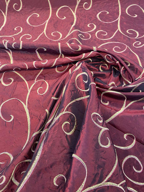 Merlot Red Swirls Embroidered Slub Faux Silk Fabric - Merlot Red Swirls, 54" Width (1 Yard)