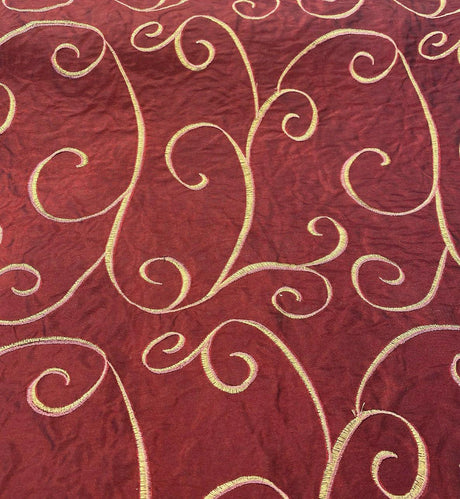 Merlot Red Swirls Embroidered Slub Faux Silk Fabric - Merlot Red Swirls, 54" Width (1 Yard)