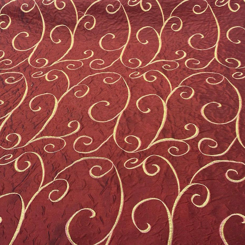 Merlot Red Swirls Embroidered Slub Faux Silk Fabric - Merlot Red Swirls, 54" Width (1 Yard)