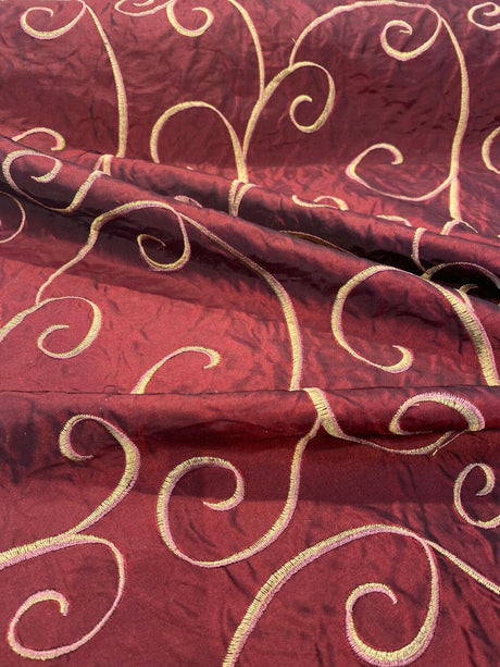 Merlot Red Swirls Embroidered Slub Faux Silk Fabric - Merlot Red Swirls, 54" Width (1 Yard)