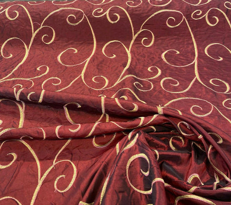 Merlot Red Swirls Embroidered Slub Faux Silk Fabric - Merlot Red Swirls, 54" Width (1 Yard)