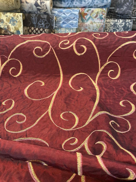 Merlot Red Swirls Embroidered Slub Faux Silk Fabric - Merlot Red Swirls, 54" Width (1 Yard)