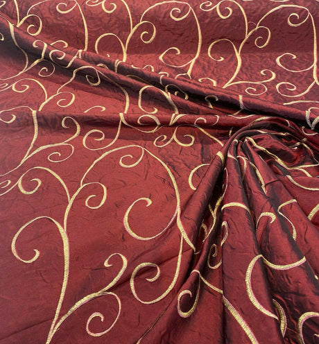 Merlot Red Swirls Embroidered Slub Faux Silk Fabric - Merlot Red Swirls, 54" Width (1 Yard)