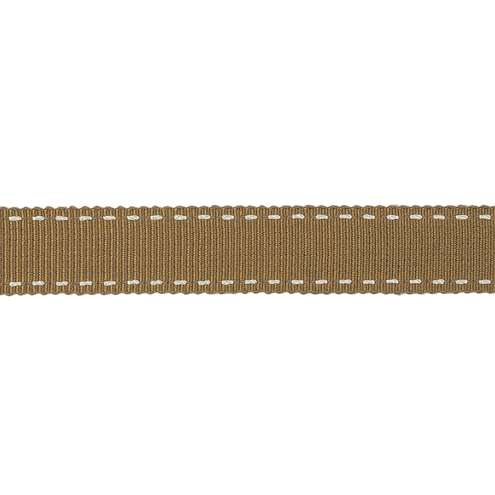 Chai Tea and White Stitched Grosgrain Ribbon - 0.6"