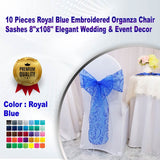10 Pieces Royal Blue Embroidered Organza Chair Sashes 8"x108" Elegant Wedding & Event Decor