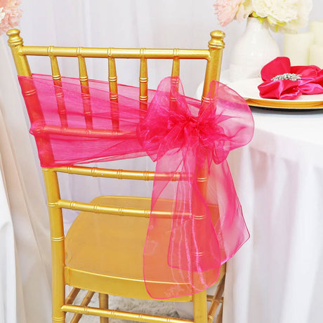 10 Pieces Fuchsia Organza Chair Sashes 8"x108" Sheer Chair Decor for Wedding & Events