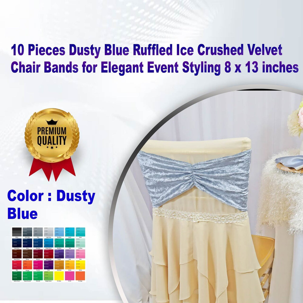 10 Pieces Dusty Blue Ruffled Ice Crushed Velvet Chair Bands for Elegant Event Styling 8 x 13 inches
