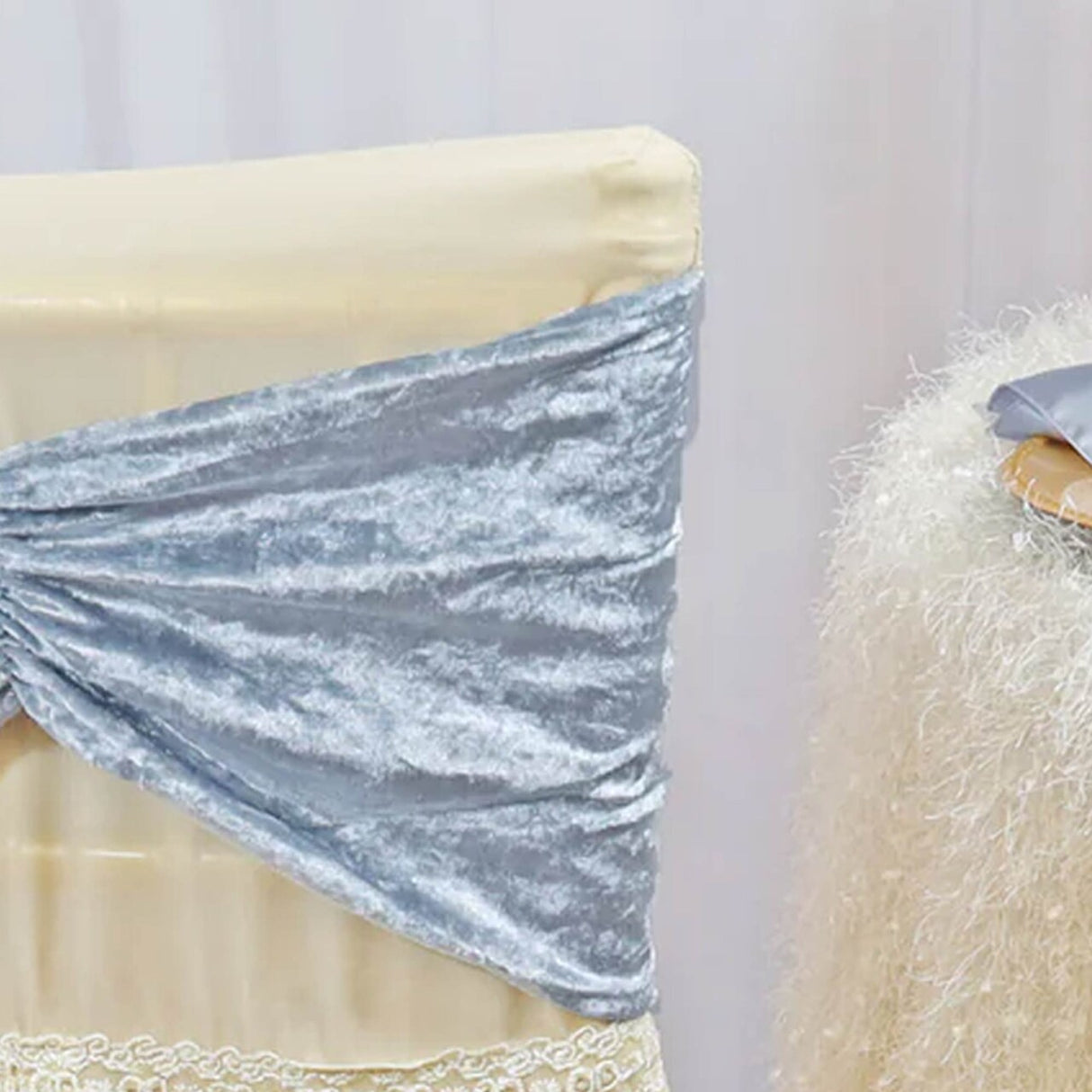 10 Pieces Dusty Blue Ruffled Ice Crushed Velvet Chair Bands for Elegant Event Styling 8 x 13 inches