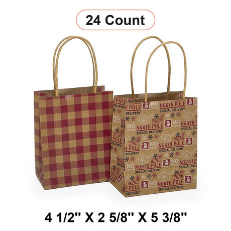 Assorted Holiday Gift Bags Twist Handle - Traditional Kraft (4 1/2''x2 5/8''x5 3/8'') -  6 EACH / PACKAGE