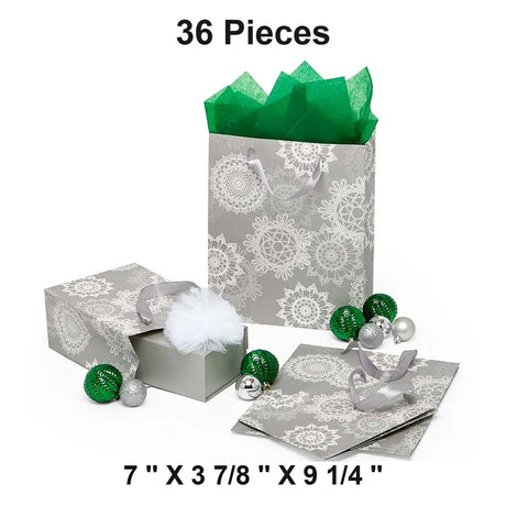 Light Silver Sparkle Snowflakes Bag  7''x3 7/8''x9 1/4'' Small - 12 EACH / PACKAGE
