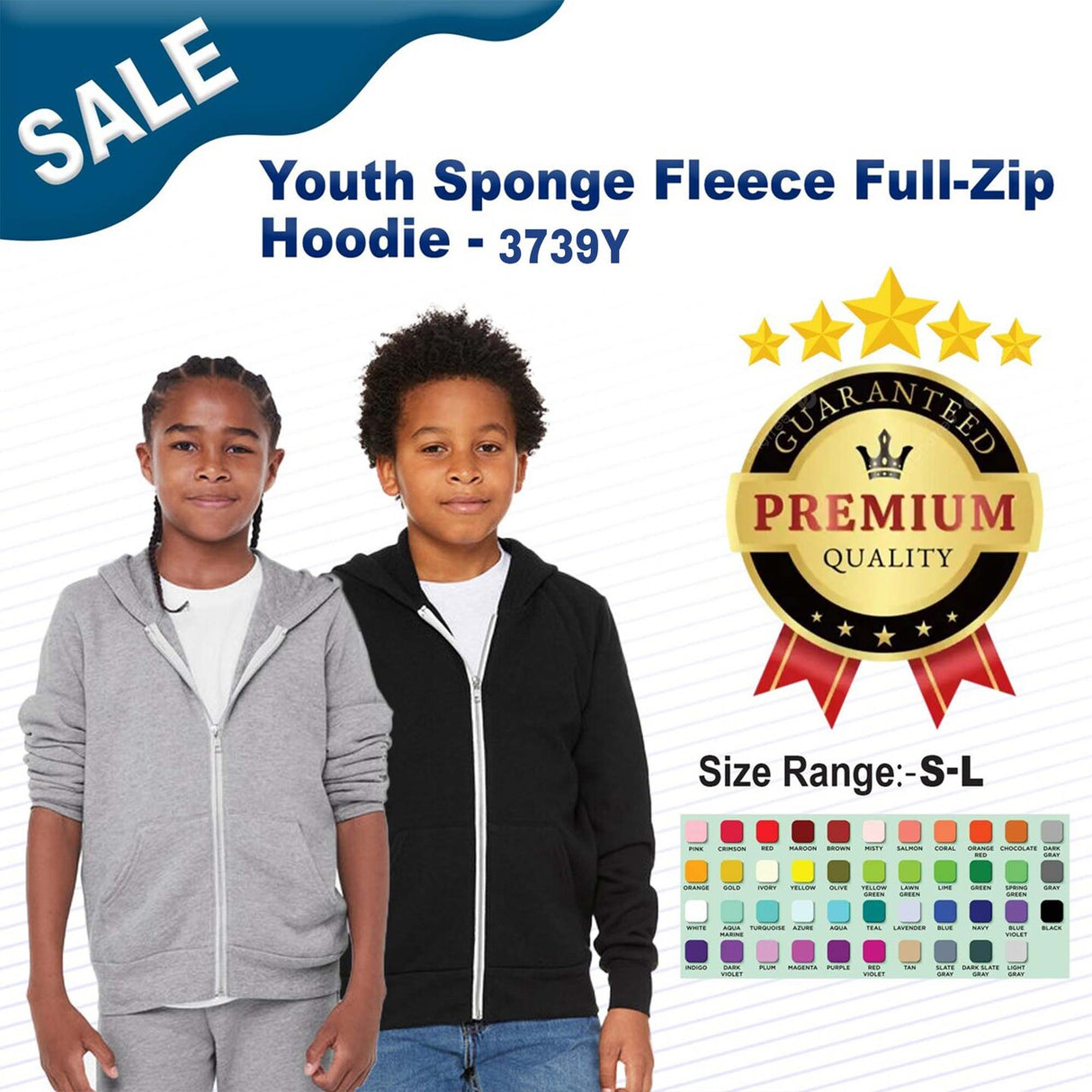 BELLA + CANVAS® Youth Sponge Fleece Full-Zip Hoodie - 3739Y