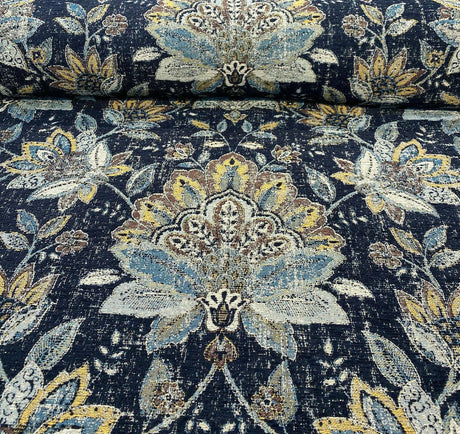 Wolfgang Floral Chenille Fabric - Onyx Black Damask, 57" Width, 27" Horizontal Repeat, 29" Vertical Repeat (1 Yard)
