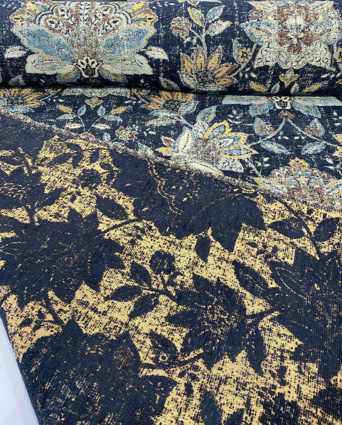 Wolfgang Floral Chenille Fabric - Onyx Black Damask, 57" Width, 27" Horizontal Repeat, 29" Vertical Repeat (1 Yard)