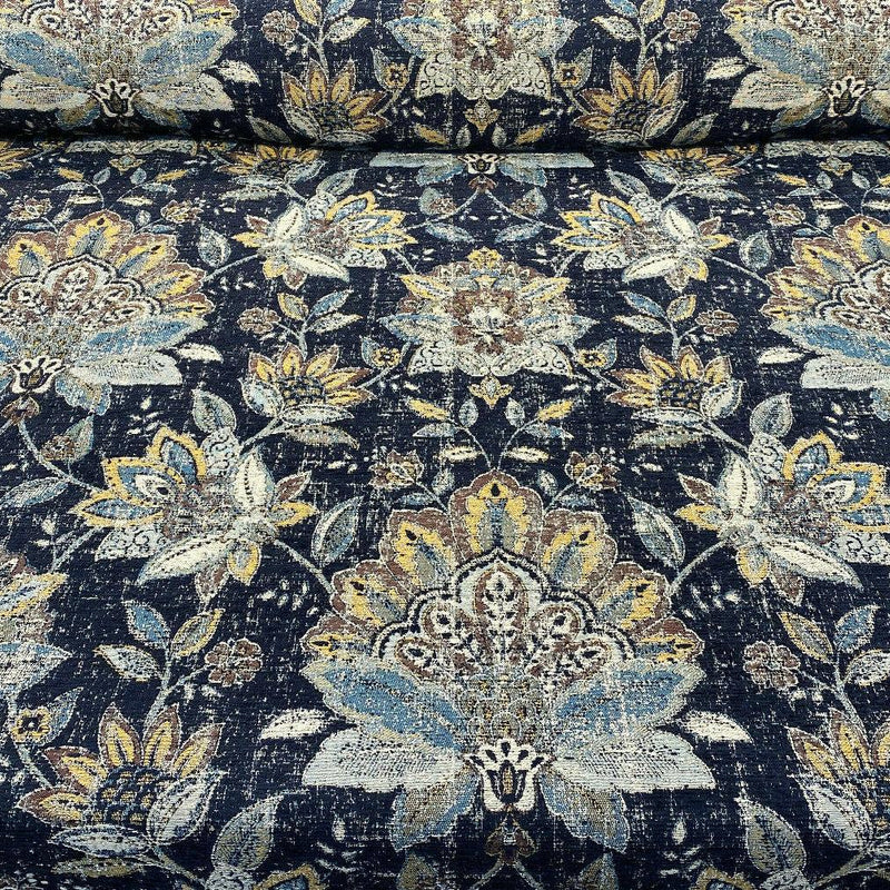 Wolfgang Floral Chenille Fabric - Onyx Black Damask, 57" Width, 27" Horizontal Repeat, 29" Vertical Repeat (1 Yard)