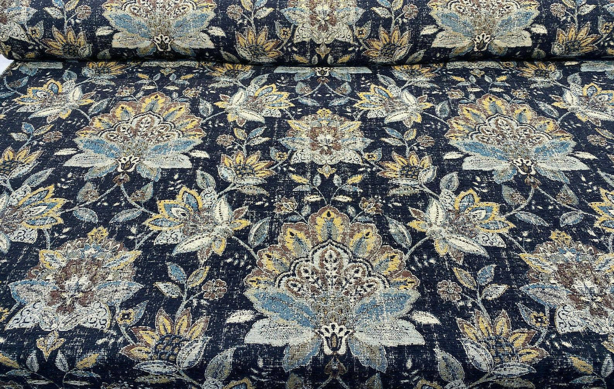 Wolfgang Floral Chenille Fabric - Onyx Black Damask, 57" Width, 27" Horizontal Repeat, 29" Vertical Repeat (1 Yard)