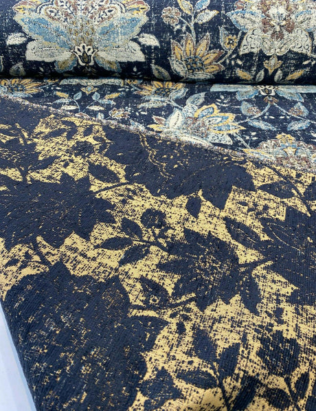 Wolfgang Floral Chenille Fabric - Onyx Black Damask, 57" Width, 27" Horizontal Repeat, 29" Vertical Repeat (1 Yard)