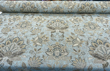 Wolfgang Floral Patina Vintage Damask Chenille Fabric - Vintage Teal Blue With Blue, Teal, Gold, And Rust Hints, 57" Width (1 Yard)