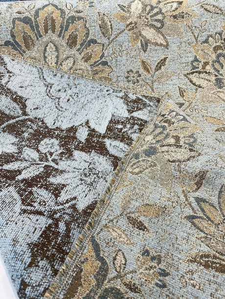Wolfgang Floral Patina Vintage Damask Chenille Fabric - Vintage Teal Blue With Blue, Teal, Gold, And Rust Hints, 57" Width (1 Yard)