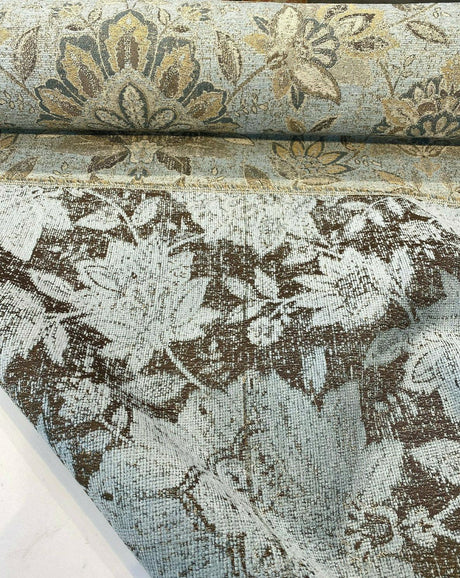Wolfgang Floral Patina Vintage Damask Chenille Fabric - Vintage Teal Blue With Blue, Teal, Gold, And Rust Hints, 57" Width (1 Yard)