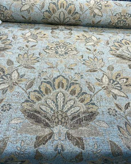 Wolfgang Floral Patina Vintage Damask Chenille Fabric - Vintage Teal Blue With Blue, Teal, Gold, And Rust Hints, 57" Width (1 Yard)