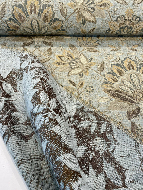 Wolfgang Floral Patina Vintage Damask Chenille Fabric - Vintage Teal Blue With Blue, Teal, Gold, And Rust Hints, 57" Width (1 Yard)
