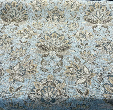 Wolfgang Floral Patina Vintage Damask Chenille Fabric - Vintage Teal Blue With Blue, Teal, Gold, And Rust Hints, 57" Width (1 Yard)