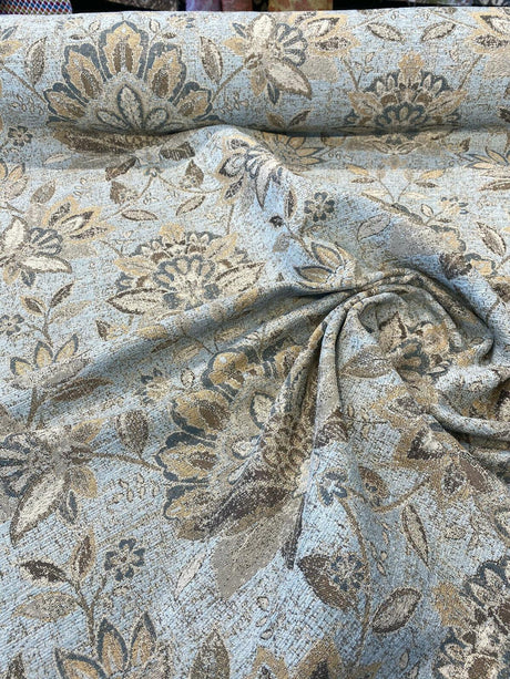 Wolfgang Floral Patina Vintage Damask Chenille Fabric - Vintage Teal Blue With Blue, Teal, Gold, And Rust Hints, 57" Width (1 Yard)