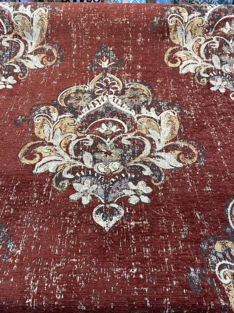 Saona Auburn Red Chenille Fabric - Damask Pattern, 54" Width, 100 Percent Polyester (1 Yard)