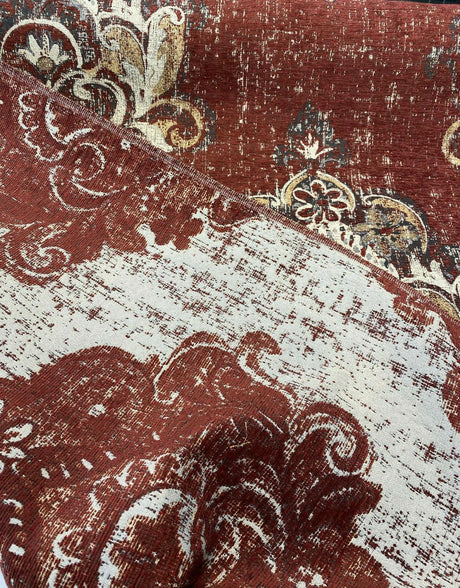 Saona Auburn Red Chenille Fabric - Damask Pattern, 54" Width, 100 Percent Polyester (1 Yard)