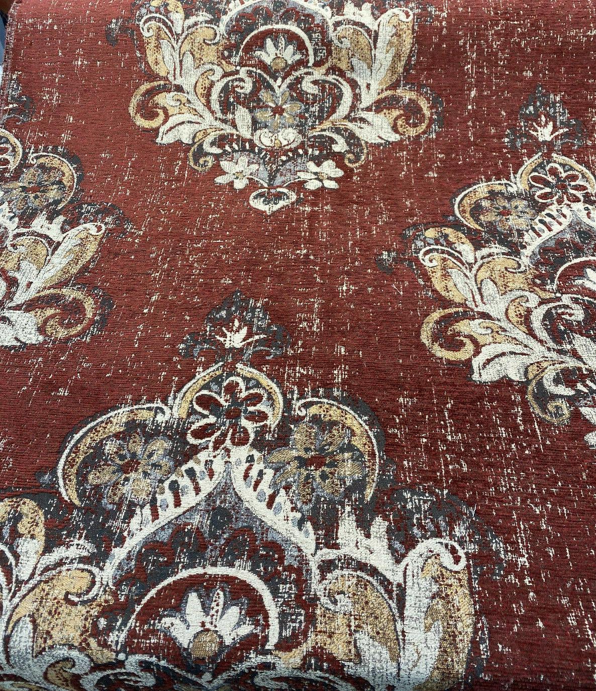 Saona Auburn Red Chenille Fabric - Damask Pattern, 54" Width, 100 Percent Polyester (1 Yard)