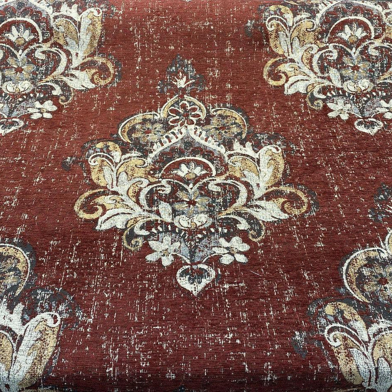 Saona Auburn Red Chenille Fabric - Damask Pattern, 54" Width, 100 Percent Polyester (1 Yard)