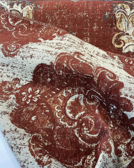 Saona Auburn Red Chenille Fabric - Damask Pattern, 54" Width, 100 Percent Polyester (1 Yard)