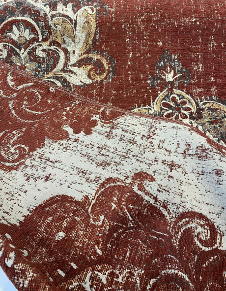 Saona Auburn Red Chenille Fabric - Damask Pattern, 54" Width, 100 Percent Polyester (1 Yard)