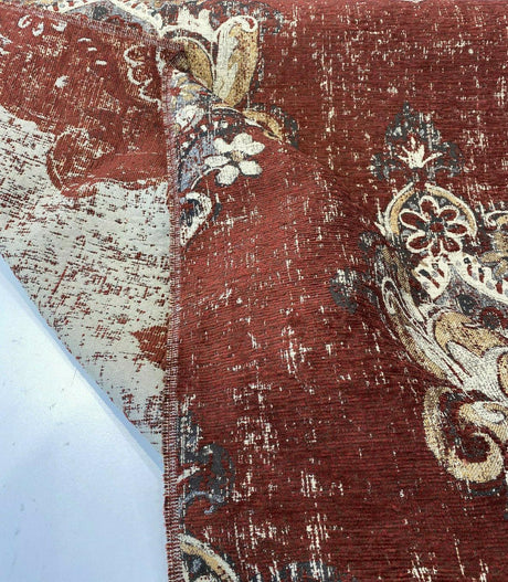 Saona Auburn Red Chenille Fabric - Damask Pattern, 54" Width, 100 Percent Polyester (1 Yard)