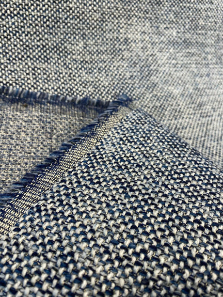 Swavelle Chenille Ridge Blue Ink Latex Backed Upholstery Fabric - Navy Blue Off White Basket Weave, 55" Width (1 Yard)