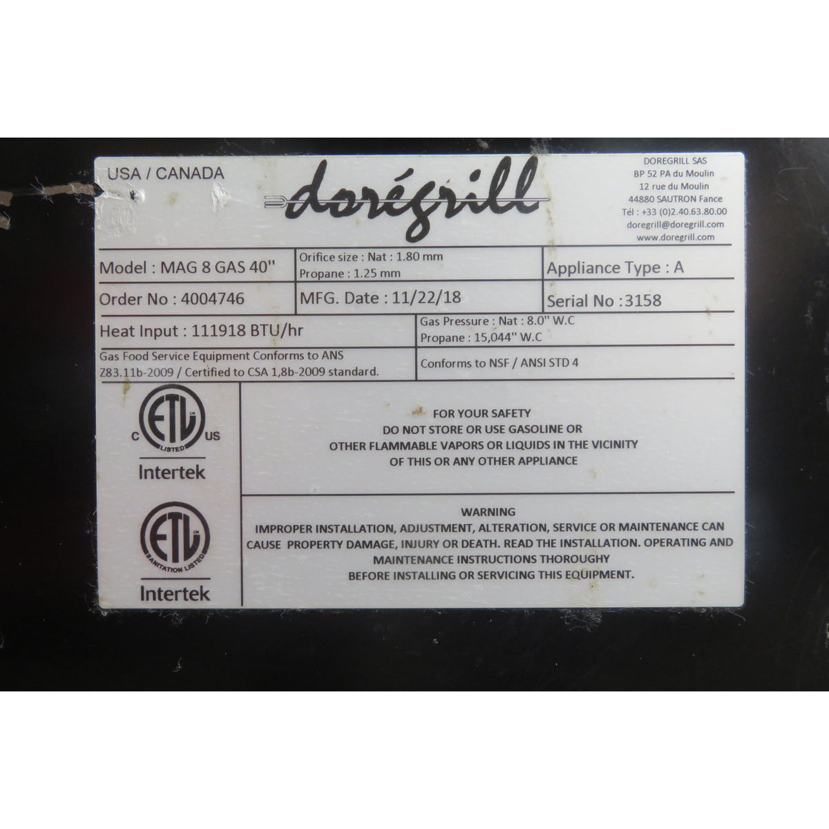 Doregrill MAG-8-GAS Rotisserie 8 Spit, Used Great Condition