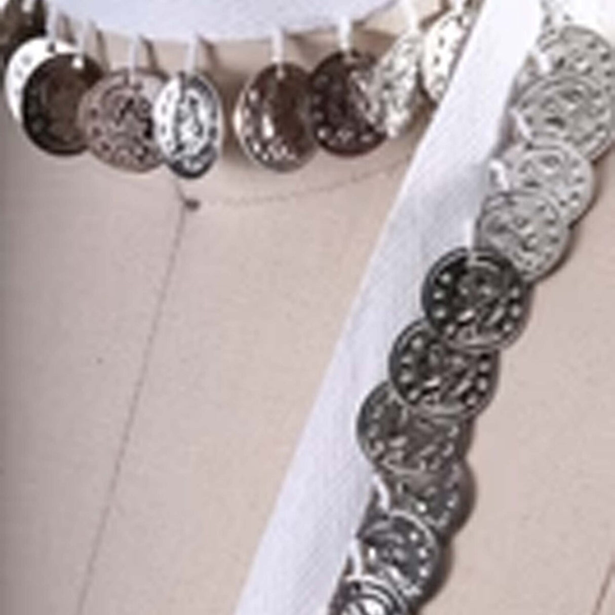 White Twill Tape with Silver Coin Fringe 3/4" Cotton Trim for Costumes & Crafts