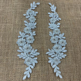 1 Pair 9.5" x 2" Each Side Beaded & Corded Floral Lace Applique Embroidered on 100% Polyester Net Mesh