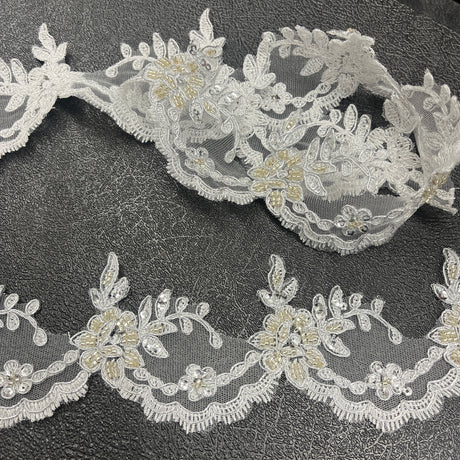 Beaded & Corded Lace Trimming Embroidered On 100% Polyester Net Mesh - Beaded Corded Embroidered Lace Fabric, 3" Wide, Gold, Ivory, Silver, White (1 Yard)