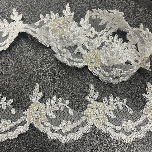 Beaded & Corded Lace Trimming Embroidered On 100% Polyester Net Mesh - Beaded Corded Embroidered Lace Fabric, 3" Wide, Gold, Ivory, Silver, White (1 Yard)