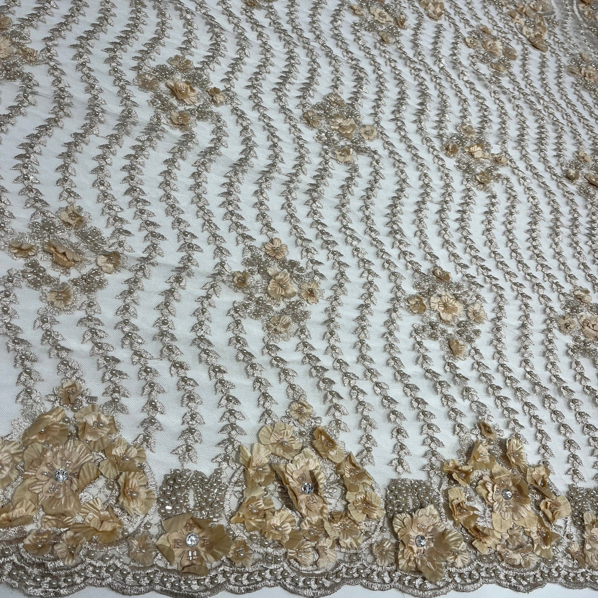 1 Yard Beaded 3D Floral Lace Fabric Embroidered 100 Percent Polyester Net Mesh 48 inch Width
