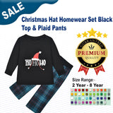 Christmas Hat Homewear Set Black Top & Plaid Pants