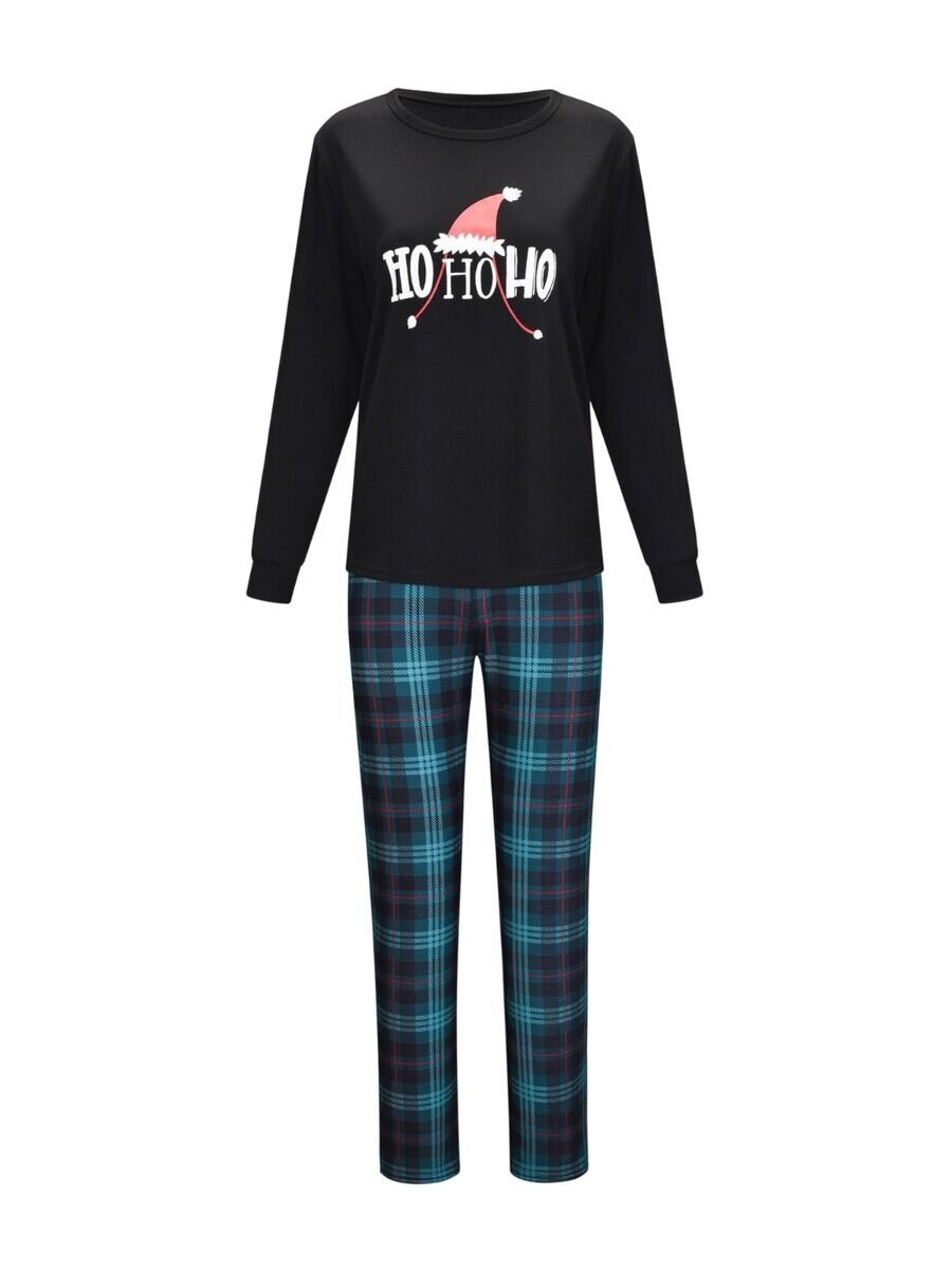 Christmas Hat Homewear Set Black Top & Plaid Pants