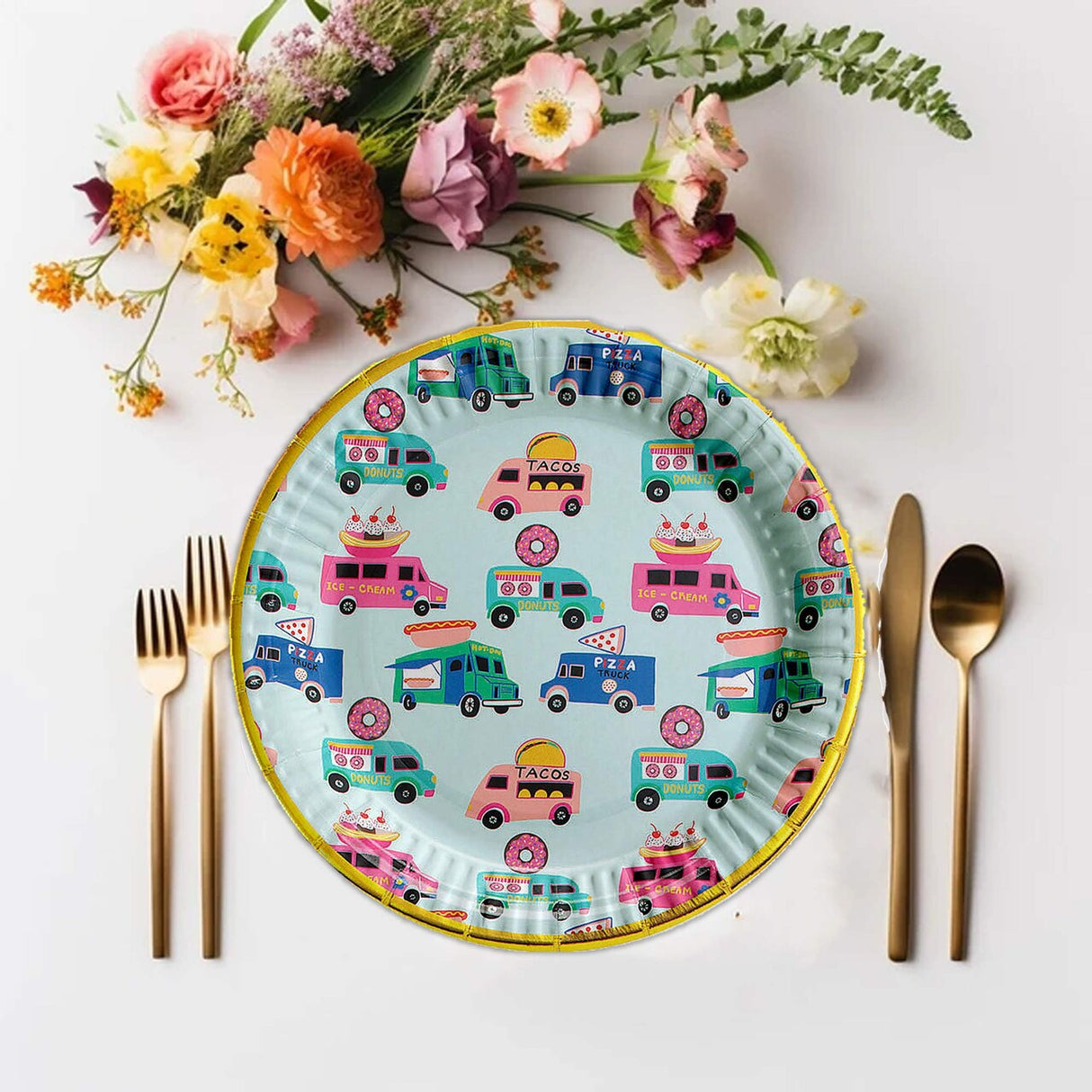 8 Ct. Food Truck Party Paper Dessert Plates Metallic Gold Foil Trim 7"