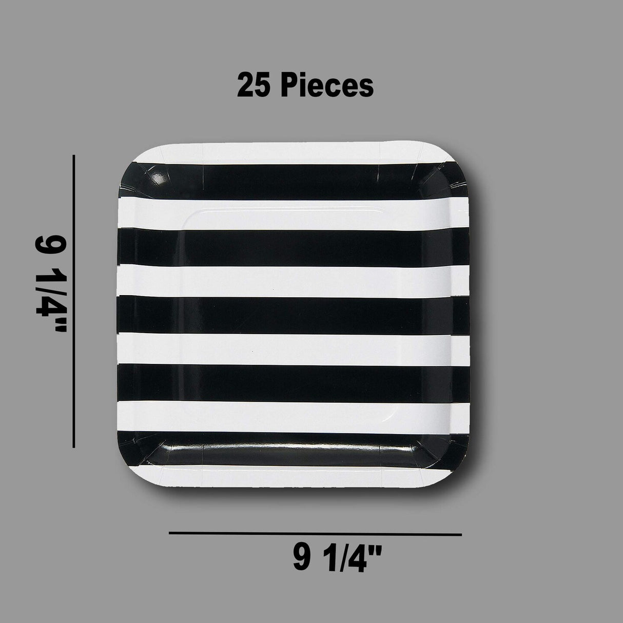 25 Count Black and White Striped Square Paper Dinner Plates Disposable 9 1/4"