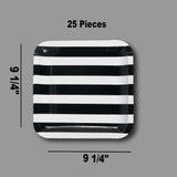 25 Count Black and White Striped Square Paper Dinner Plates Disposable 9 1/4"