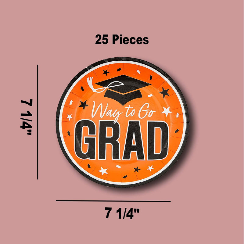 25 Count Orange Way to Go Grad Dessert Plates Grad Party Disposable Plates 7 1/4 Inch