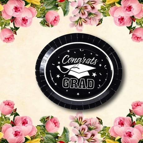 25 Count Betallic Black Congrats Grad Paper Banquet Plates Disposable Dinnerware 11 3/4" x 10"