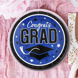 Blue 9 Inch Graduation Party Plates 25 Count with Congrats Grad Print for School Celebrations